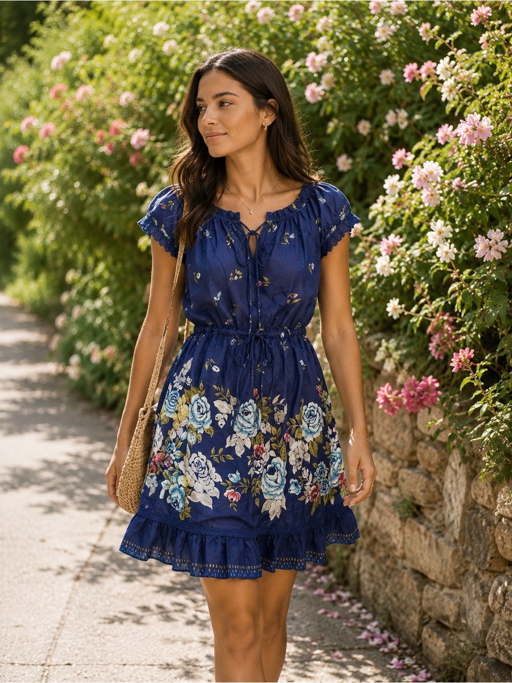 Johnny Was Navy Blue Floral Tiered Mini Dress